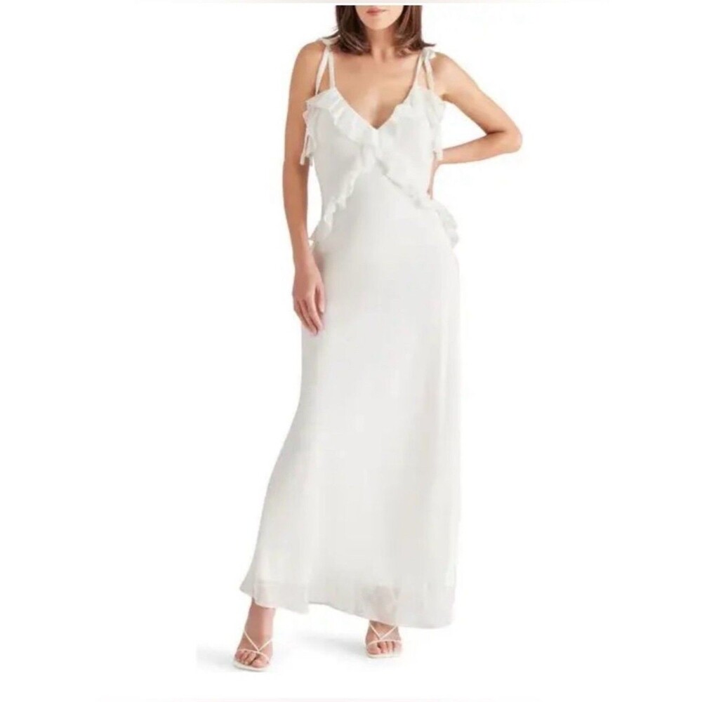 Steve Madden Adalina Off White Ruffle Maxi Dress Size Large Chiffon Tie Straps L